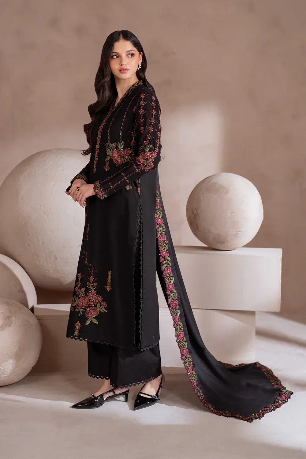 IZNIK 3PC DHANAK EMBROIDERED SHAWL & TROUSER