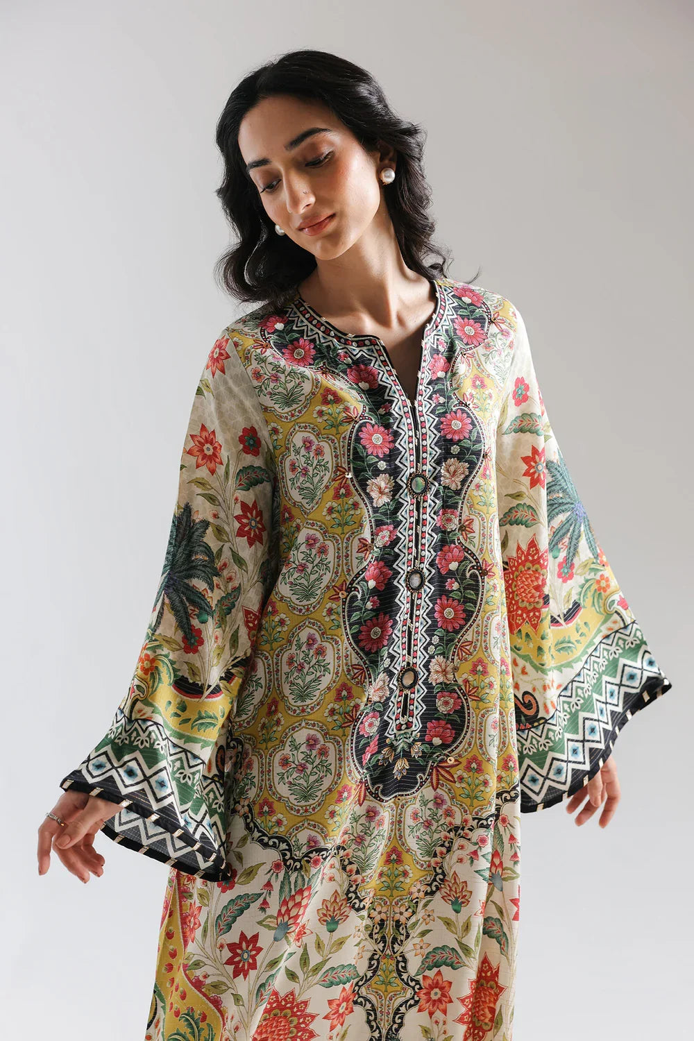 Ethnic 2pc Silk long kaftan yellow Unstitched