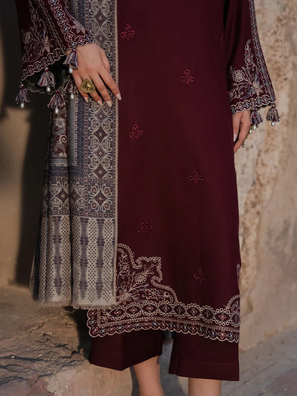 IZEL - 3PC DHANAK EMBROIDERED SHIRT WITH TWILL PRINTED SHAWL AND TROUSER