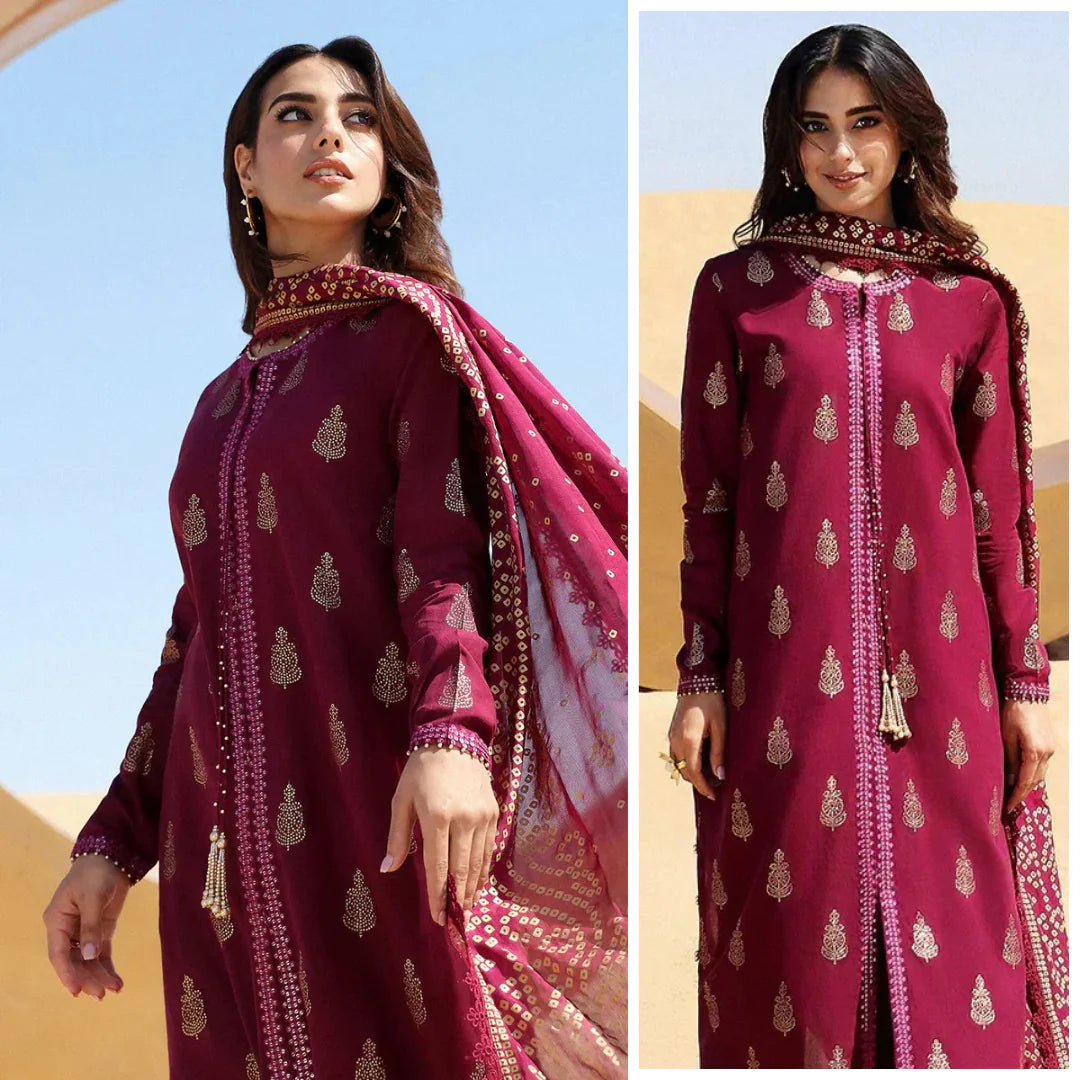 Cross stitch Embroidered Dhanak 3 Piece