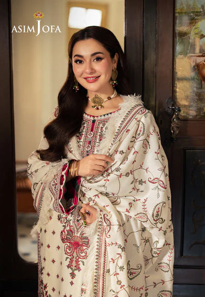 ASIM JOFA - 3PC DHANAK EMBROIDERED SHIRT WITH TWILL PRINTED SHAWL AND TROUSER - WT-1