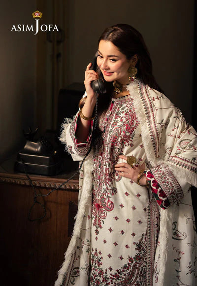ASIM JOFA - 3PC DHANAK EMBROIDERED SHIRT WITH TWILL PRINTED SHAWL AND TROUSER - WT-1