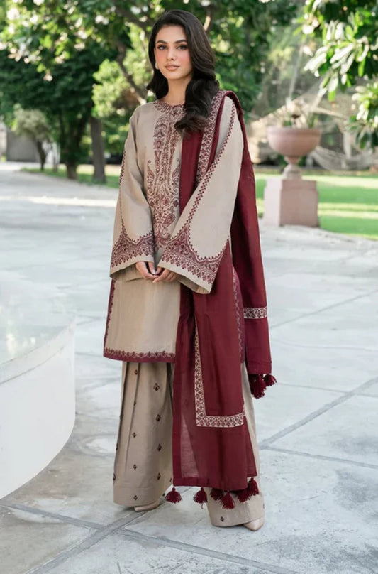 Embroidered Shirt with Embroidered Dhanak Shawl and Trousers - ES 1225