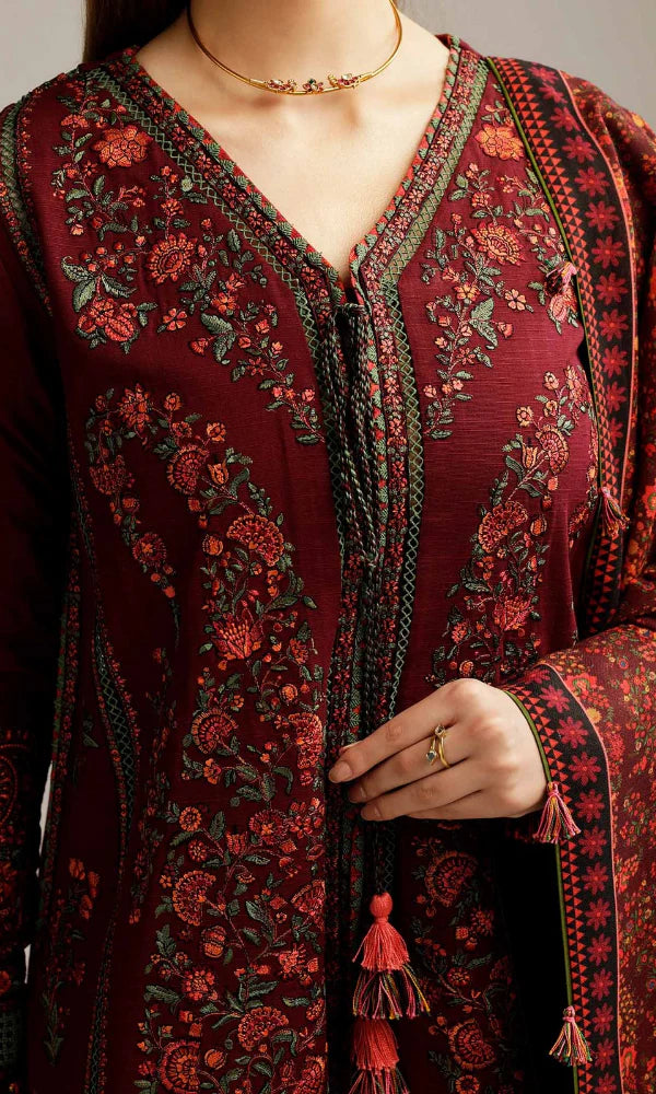 Hussain Rehar - 3PC Heavy Embroidered Dhanak Suit ( Printed Wool Shawl )