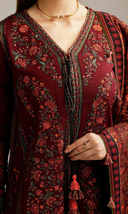 Hussain Rehar - 3PC Heavy Embroidered Dhanak Suit ( Printed Wool Shawl )