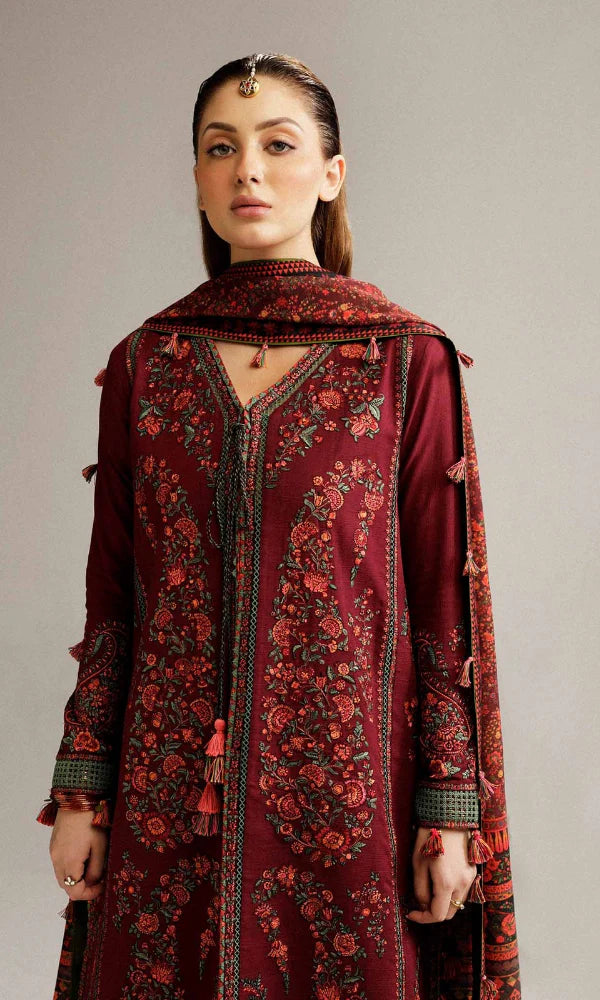 Hussain Rehar - 3PC Heavy Embroidered Dhanak Suit ( Printed Wool Shawl )