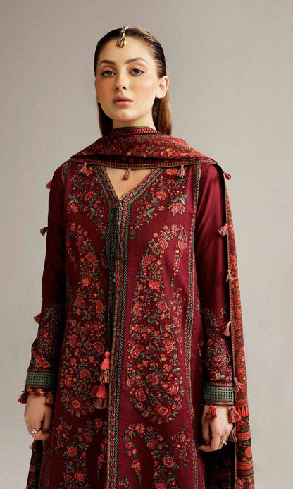 Hussain Rehar - 3PC Heavy Embroidered Dhanak Suit ( Printed Wool Shawl )