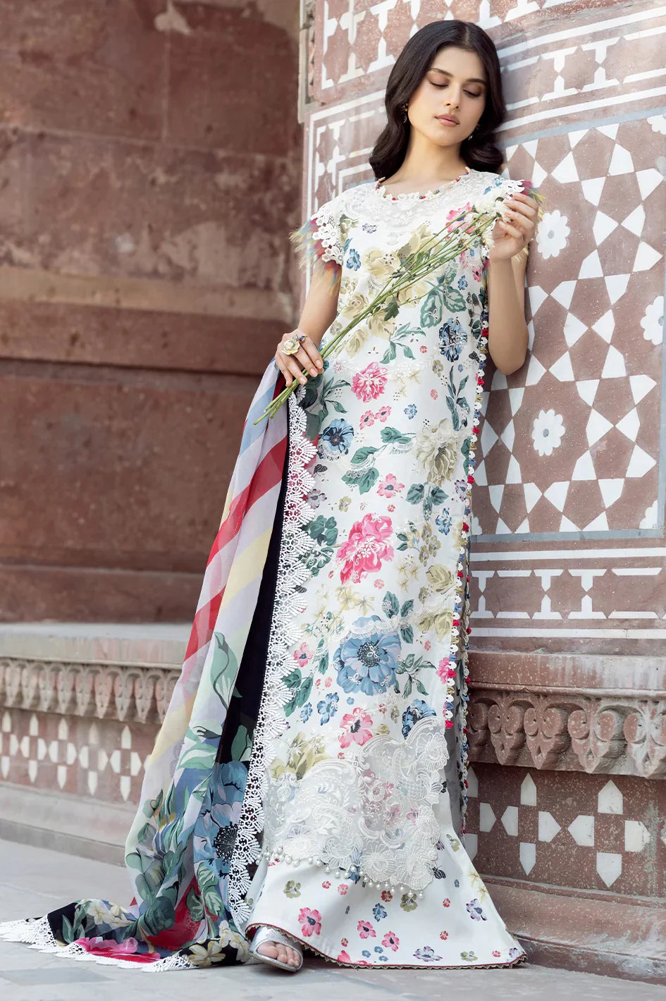 BIN ILYAS Lawn Embroidered & Printed 3 Piece Dress