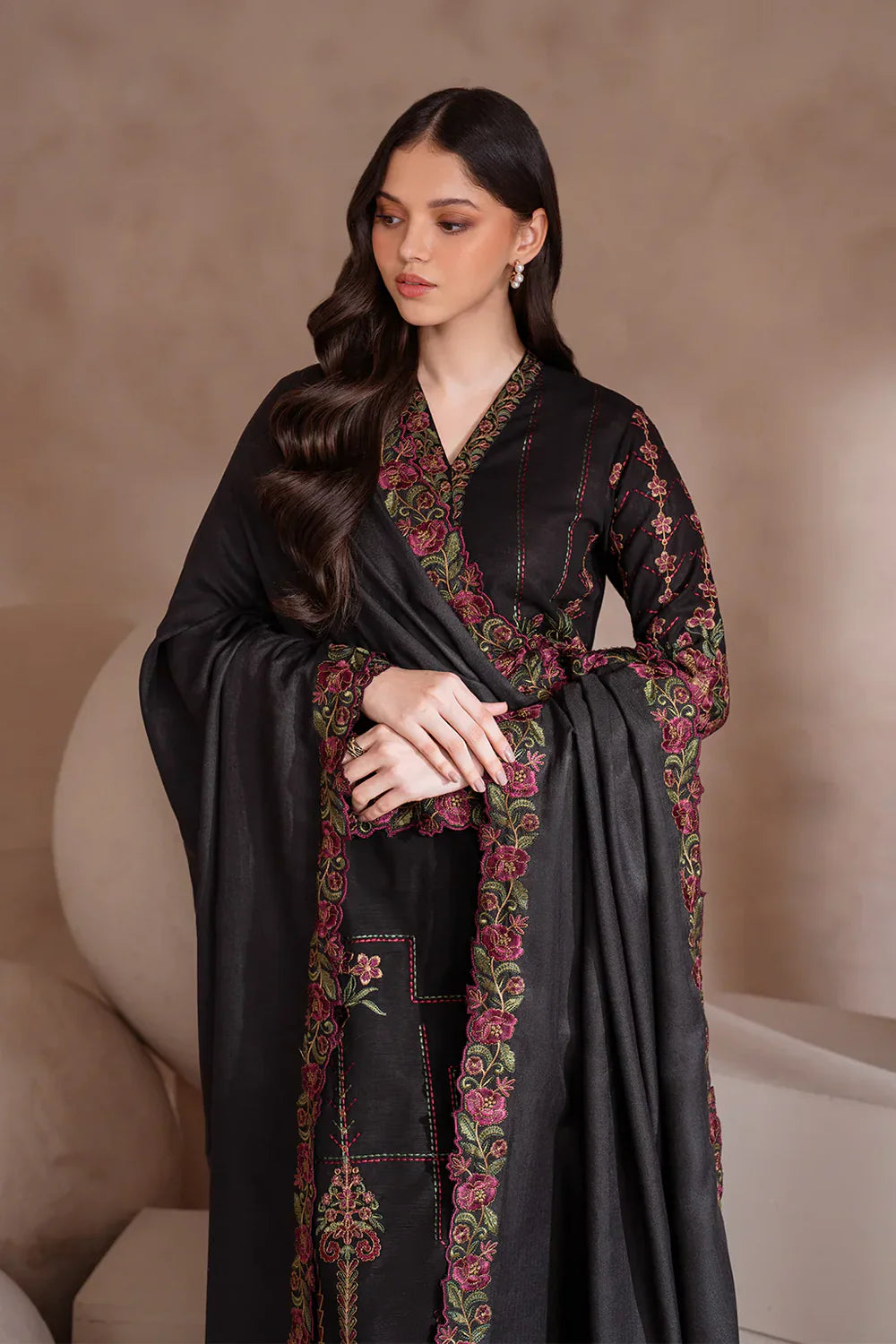 IZNIK 3PC DHANAK EMBROIDERED SHAWL & TROUSER