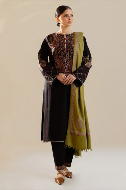 ZARA SHAH JAHAN - 3PC DHANAK EMBROIDERED SHIRT WITH TWILL PRINTED SHAWL AND TROUSER