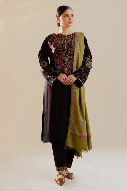 ZARA SHAH JAHAN - 3PC DHANAK EMBROIDERED SHIRT WITH TWILL PRINTED SHAWL AND TROUSER