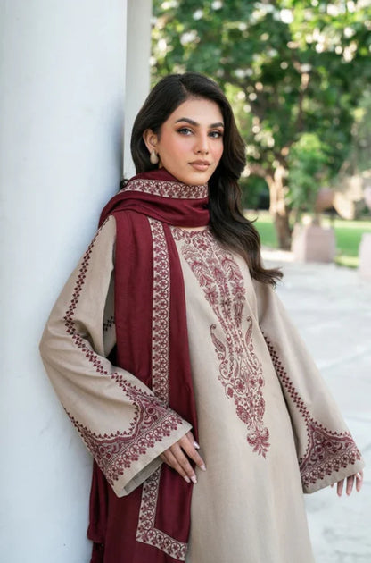 Embroidered Shirt with Embroidered Dhanak Shawl and Trousers - ES 1225