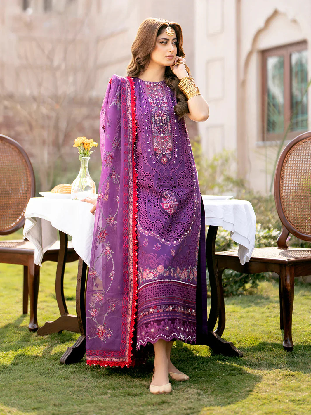 Bin Ilyas Luxury Lawn Chikankari Embroidered 3 Piece Dress - 10655