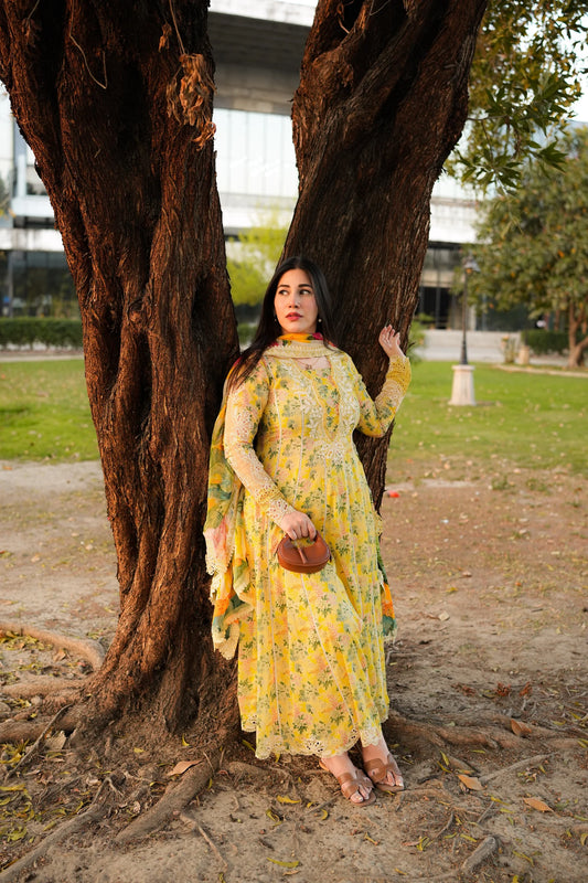 Aneelas Unstitched Lawn Print Emb Frock 3pc with Chiffon Emb Duppata