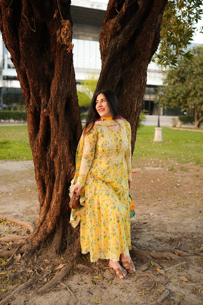 Aneelas Unstitched Lawn Print Emb Frock 3pc with Chiffon Emb Duppata