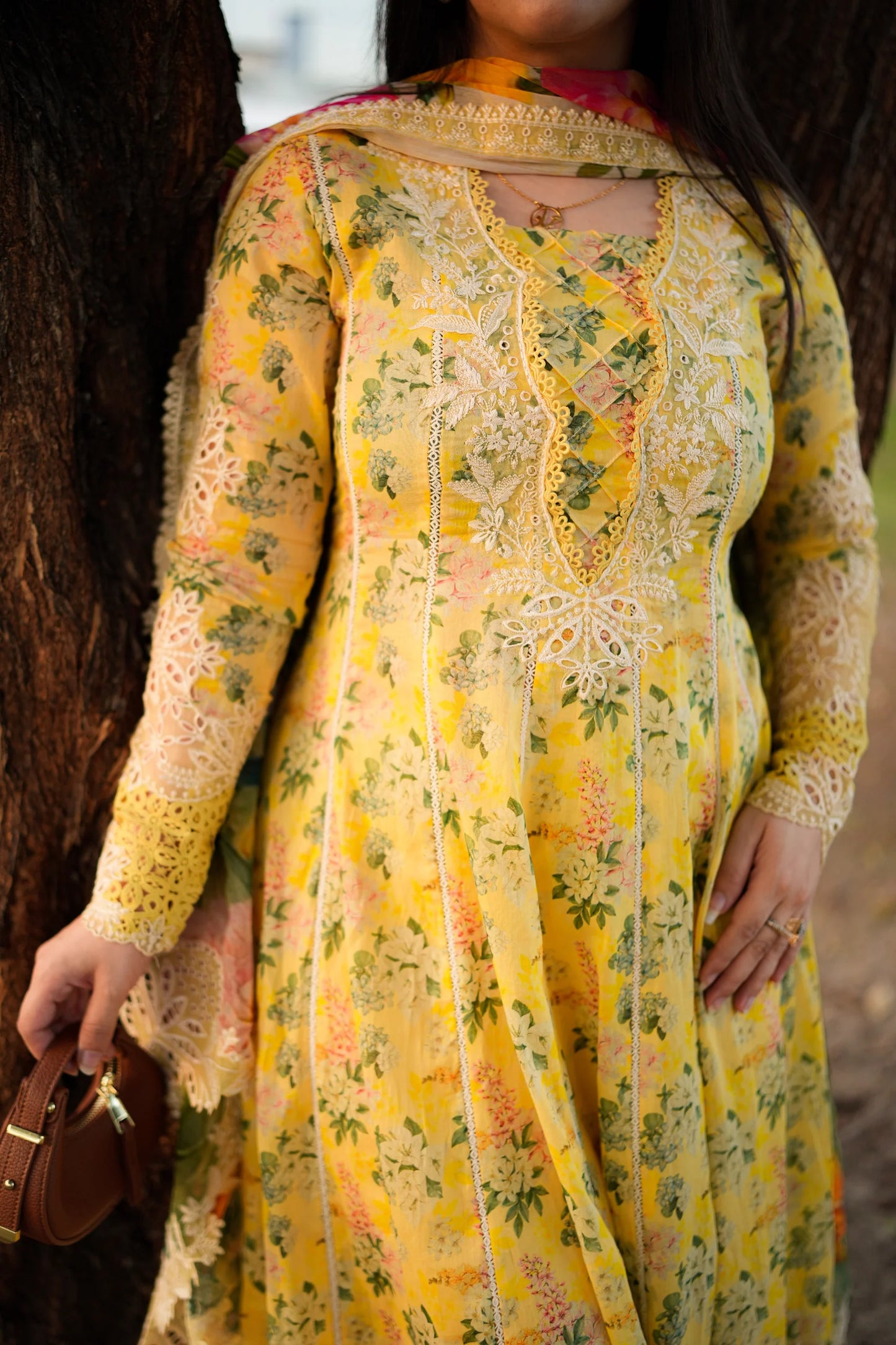 Aneelas Unstitched Lawn Print Emb Frock 3pc with Chiffon Emb Duppata