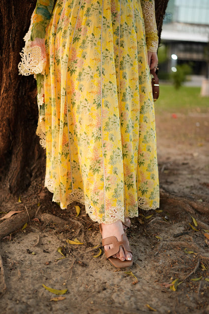 Aneelas Unstitched Lawn Print Emb Frock 3pc with Chiffon Emb Duppata