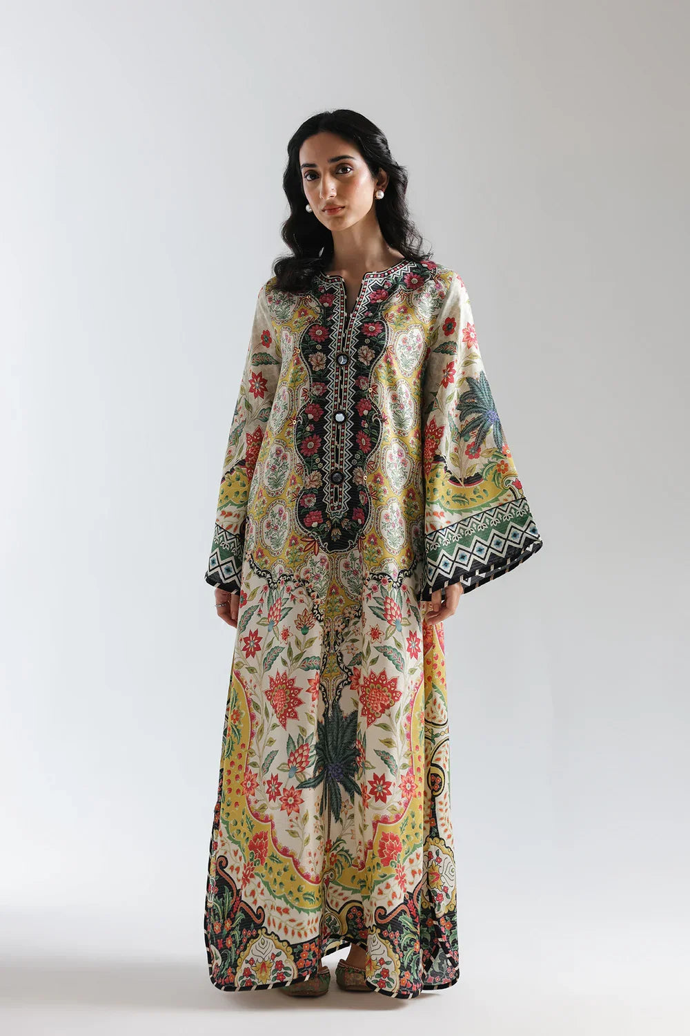 Ethnic 2pc Silk long kaftan yellow Unstitched