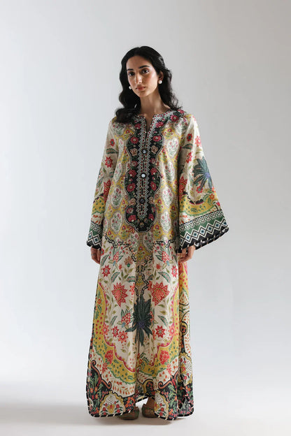Ethnic 2pc Silk long kaftan yellow Unstitched