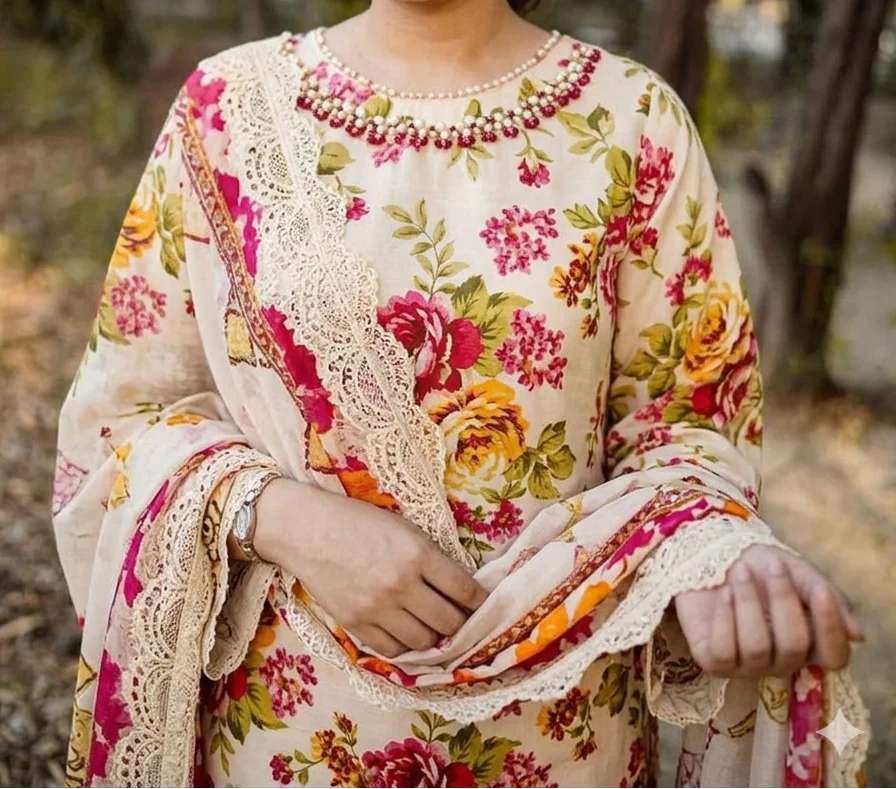 ANEELAS Lawn Embroidered & Printed 3 Piece Dress
