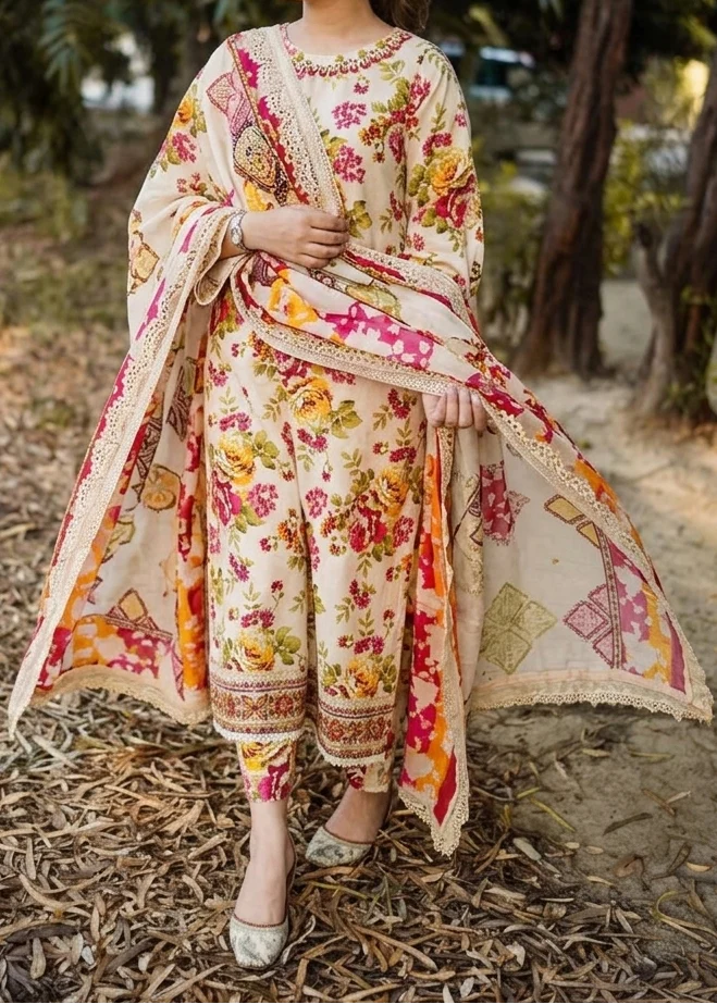 ANEELAS Lawn Embroidered & Printed 3 Piece Dress