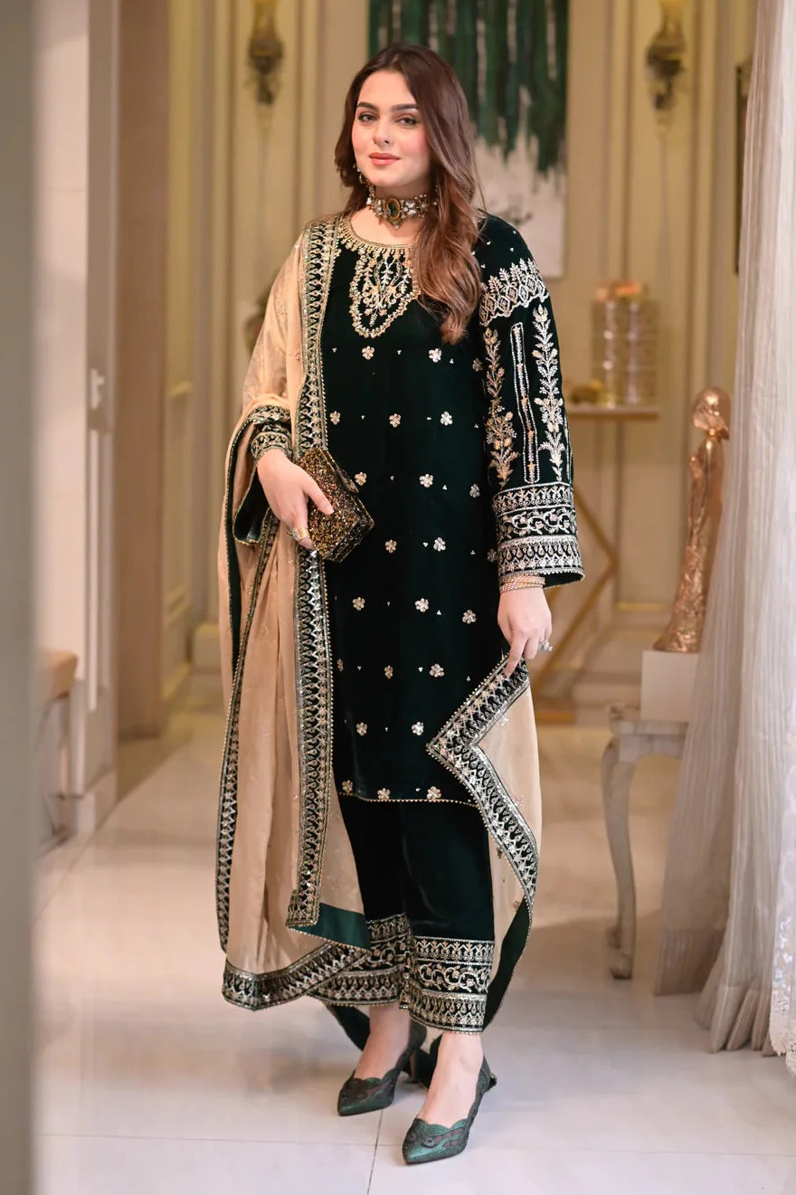 Aneelas | Luxury Velvet Embroidered Unstitched 3 Piece - VT-09