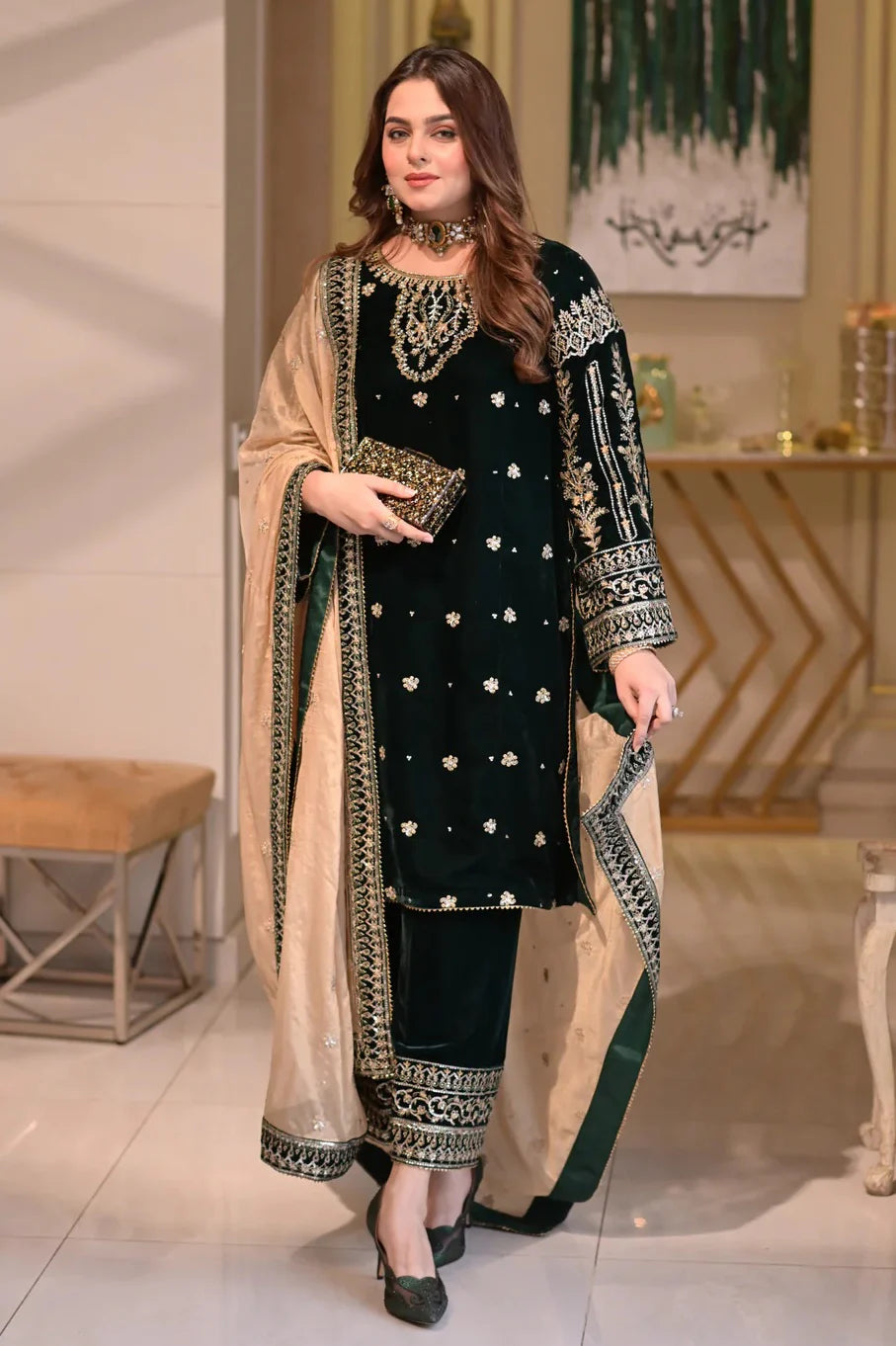 Aneelas | Luxury Velvet Embroidered Unstitched 3 Piece - VT-09