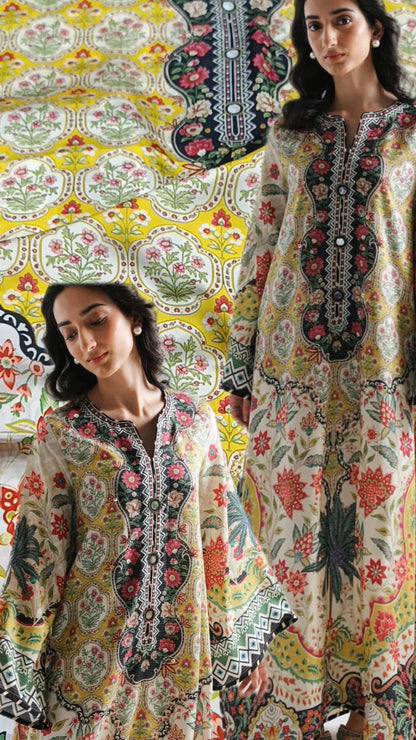 Ethnic 2pc Silk long kaftan yellow Unstitched
