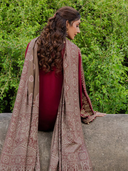 IZEL - 3PC DHANAK EMBROIDERED SHIRT WITH TWILL PRINTED SHAWL AND TROUSER