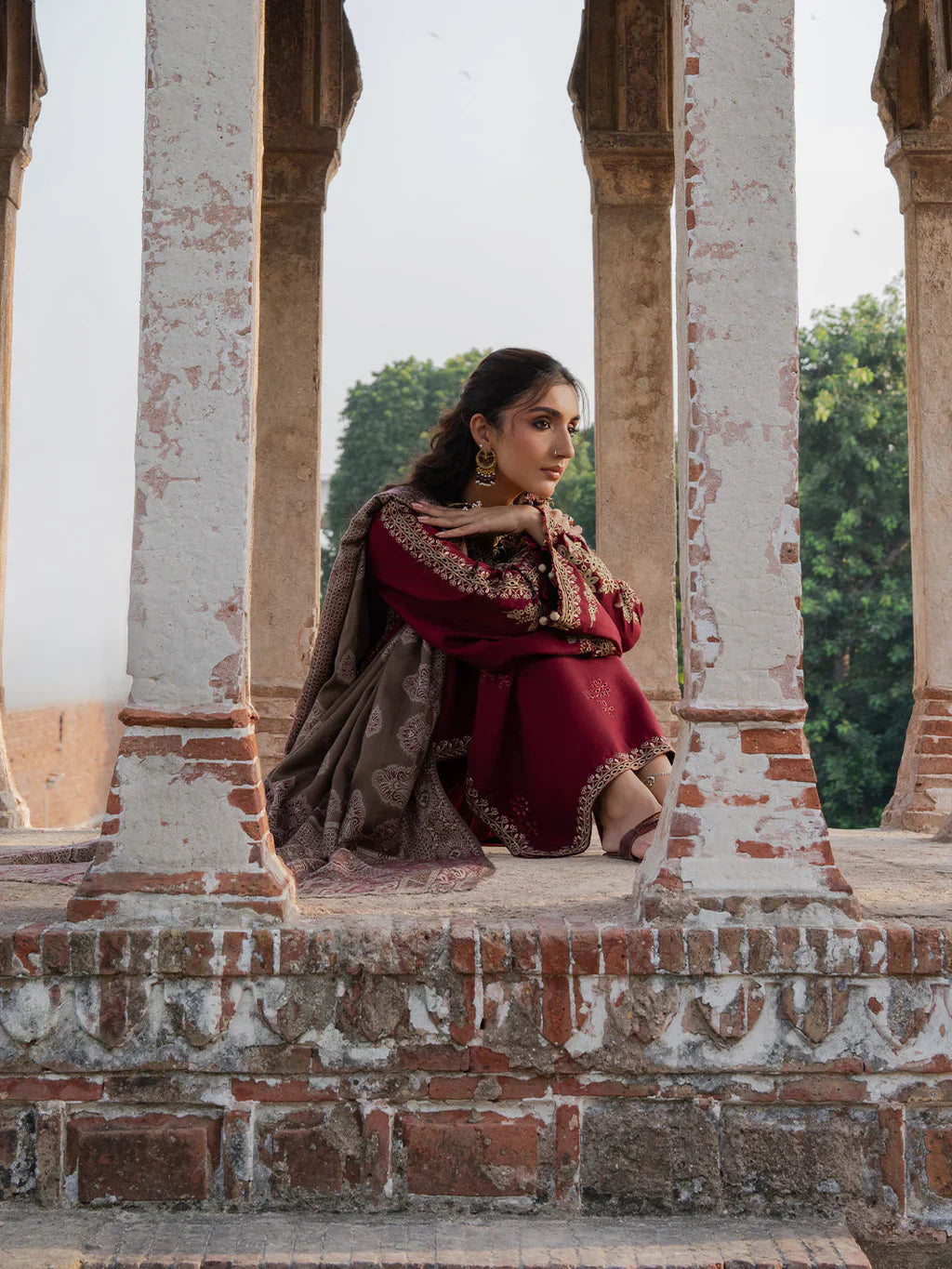 IZEL - 3PC DHANAK EMBROIDERED SHIRT WITH TWILL PRINTED SHAWL AND TROUSER