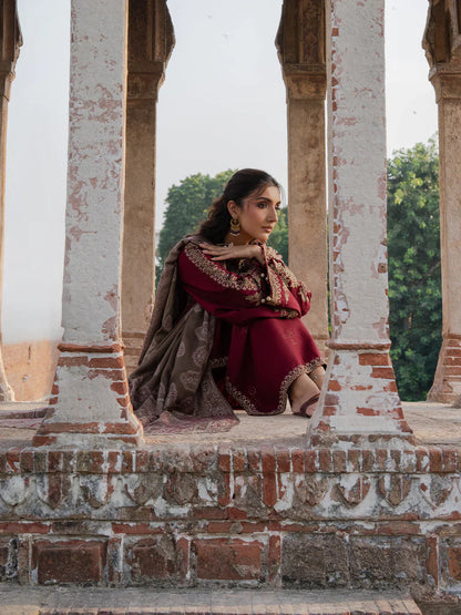 IZEL - 3PC DHANAK EMBROIDERED SHIRT WITH TWILL PRINTED SHAWL AND TROUSER