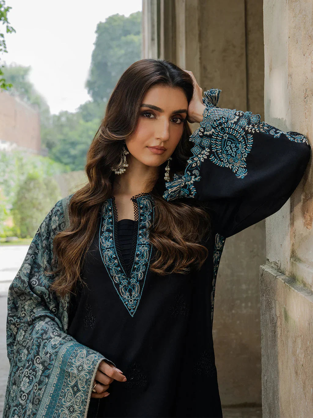 IZEL - 3PC DHANAK EMBROIDERED SHIRT WITH TWILL PRINTED SHAWL AND TROUSER