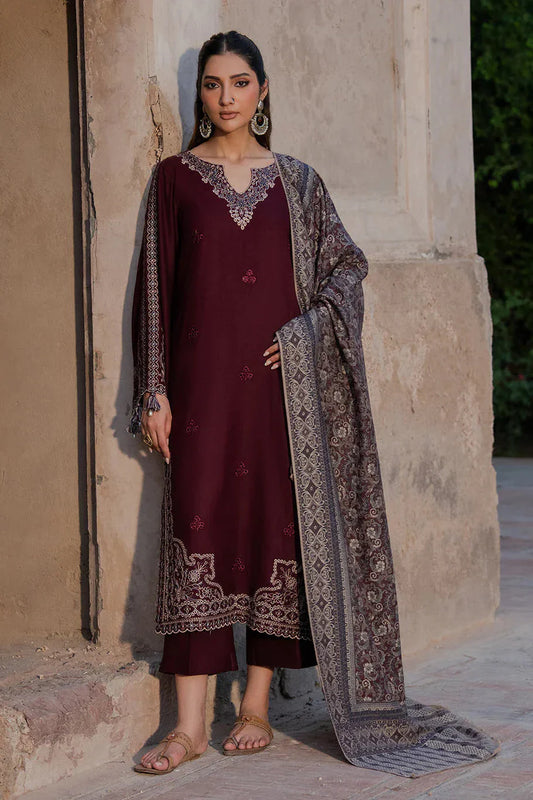 IZEL - 3PC DHANAK EMBROIDERED SHIRT WITH TWILL PRINTED SHAWL AND TROUSER
