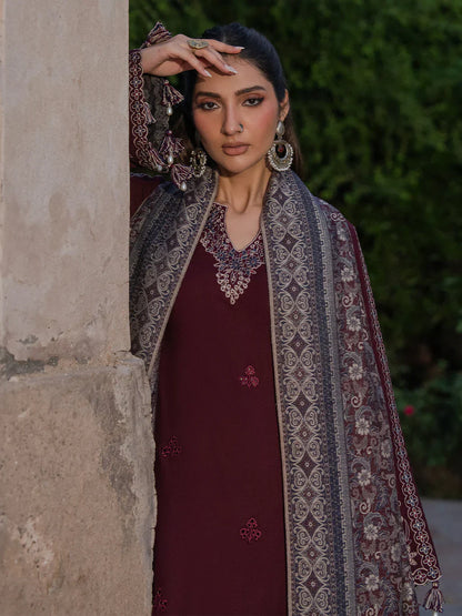 IZEL - 3PC DHANAK EMBROIDERED SHIRT WITH TWILL PRINTED SHAWL AND TROUSER