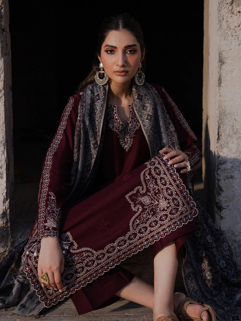 IZEL - 3PC DHANAK EMBROIDERED SHIRT WITH TWILL PRINTED SHAWL AND TROUSER