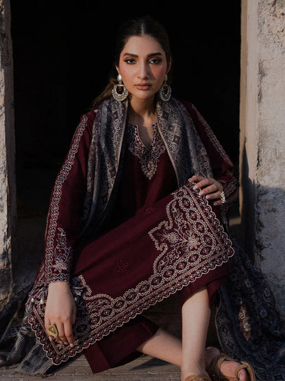 IZEL - 3PC DHANAK EMBROIDERED SHIRT WITH TWILL PRINTED SHAWL AND TROUSER