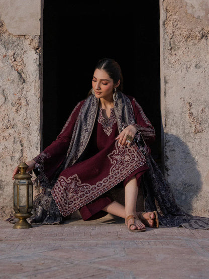 IZEL - 3PC DHANAK EMBROIDERED SHIRT WITH TWILL PRINTED SHAWL AND TROUSER