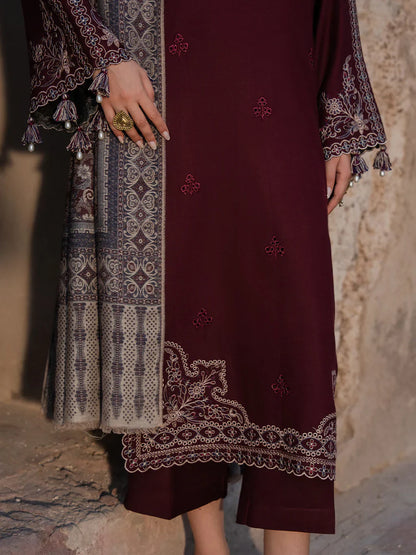 IZEL - 3PC DHANAK EMBROIDERED SHIRT WITH TWILL PRINTED SHAWL AND TROUSER