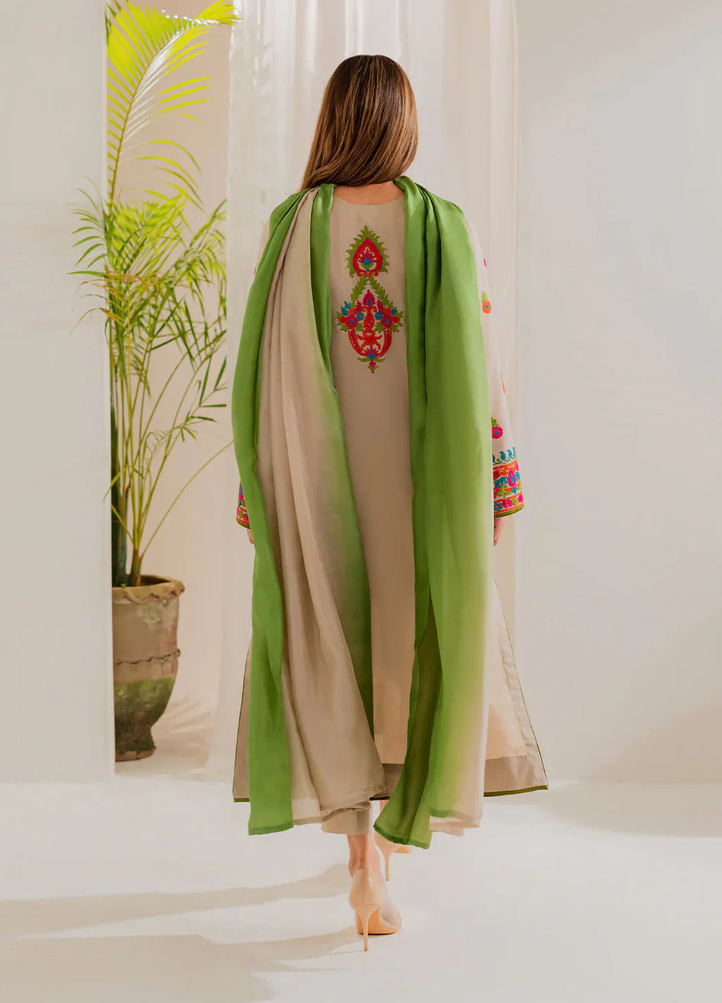 VINTAGE-3PC LAWN EMBROIDERED SHIRT WITH CHIFFON TYE&DYE DUPATTA & TROUSER-BIC-4636
