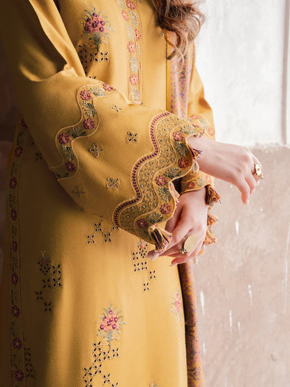 IZEL - 3PC KHADDAR EMBROIDERED SHIRT WITH TWILL PRINTED SHAWL AND TROUSER