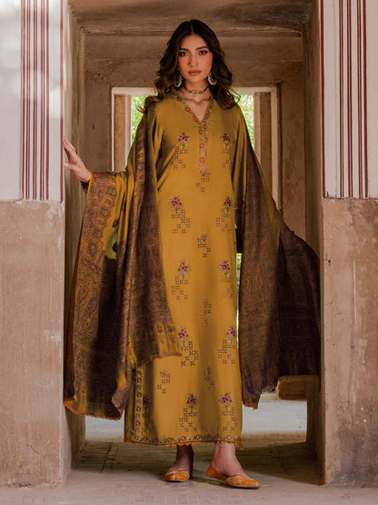 IZEL - 3PC KHADDAR EMBROIDERED SHIRT WITH TWILL PRINTED SHAWL AND TROUSER