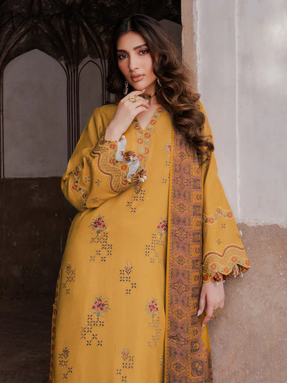 IZEL - 3PC KHADDAR EMBROIDERED SHIRT WITH TWILL PRINTED SHAWL AND TROUSER