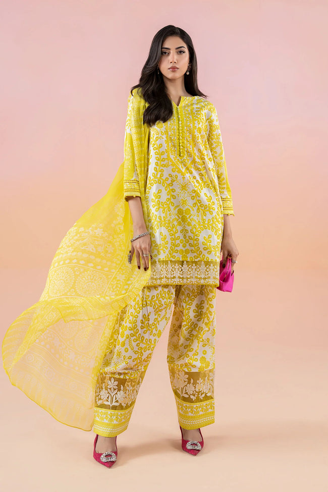 MARIA B - 3PC LAWN EMBROIDERED SHIRT WITH CHIFFON EMBROIDERED DUPATTA AND COTTON TROUSER - KPR-YL2