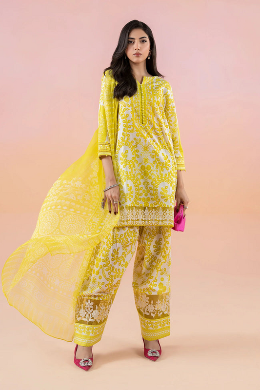 MARIA B - 3PC LAWN EMBROIDERED SHIRT WITH CHIFFON EMBROIDERED DUPATTA AND COTTON TROUSER - KPR-YL2