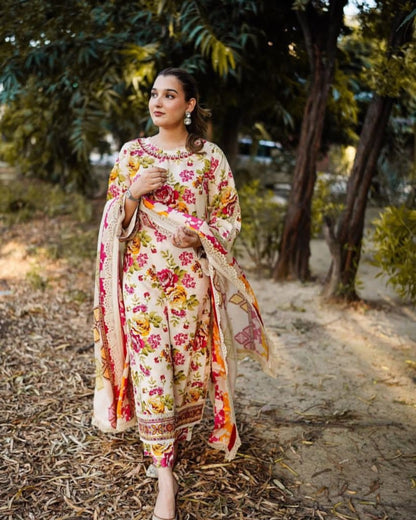 ANEELAS Lawn Embroidered & Printed 3 Piece Dress